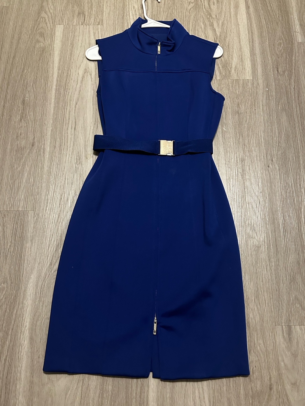 Sleeveless Blue Midi Sheath Dress with Belt